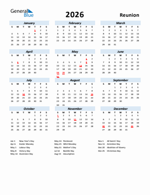 Reunion current year calendar 2026 with holidays