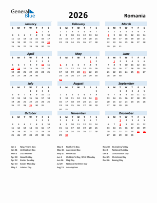 Romania current year calendar 2026 with holidays