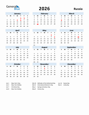 Russia current year calendar 2026 with holidays