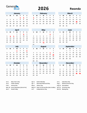 Rwanda current year calendar 2026 with holidays
