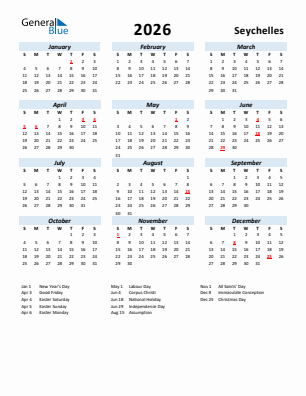 Seychelles current year calendar 2026 with holidays