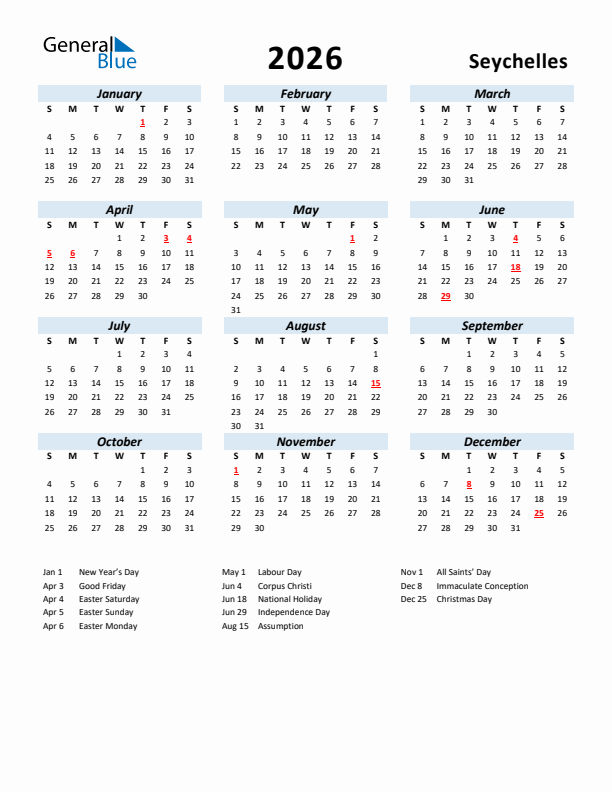 2026 Calendar for Seychelles with Holidays