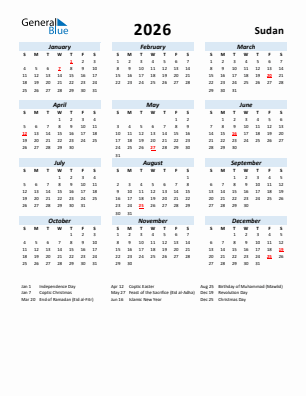 Sudan current year calendar 2026 with holidays