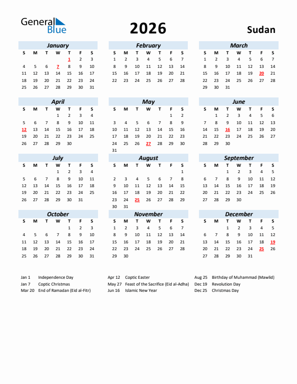 2026 Calendar for Sudan with Holidays