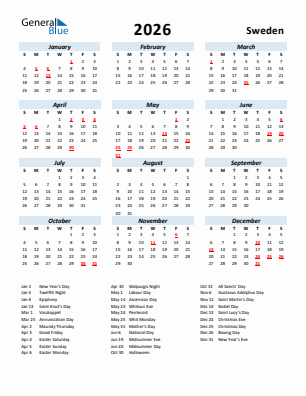 Sweden current year calendar 2026 with holidays
