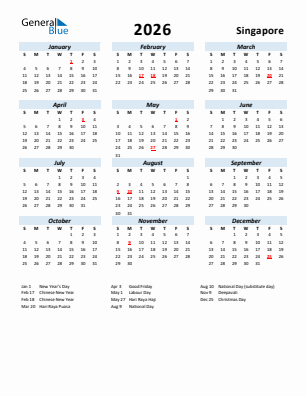 Singapore current year calendar 2026 with holidays