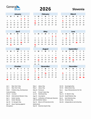 Slovenia current year calendar 2026 with holidays