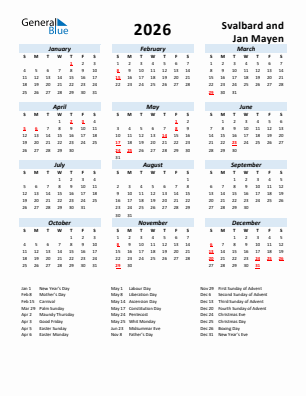 Svalbard and Jan Mayen current year calendar 2026 with holidays