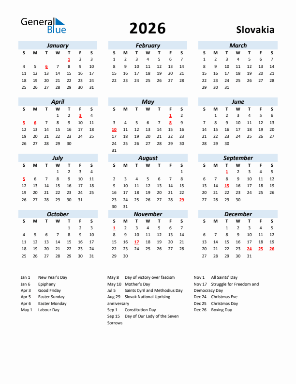 2026 Calendar for Slovakia with Holidays