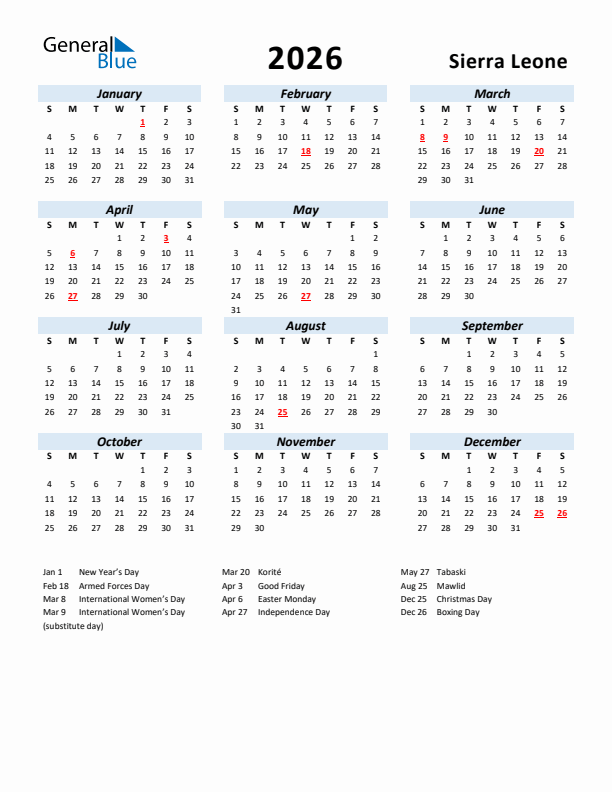 2026 Calendar for Sierra Leone with Holidays