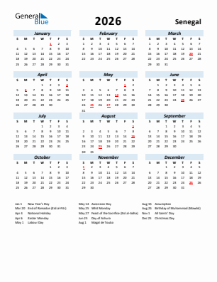 Senegal current year calendar 2026 with holidays