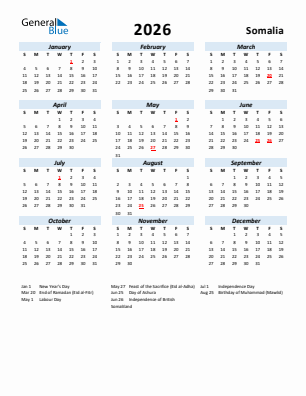 Somalia current year calendar 2026 with holidays