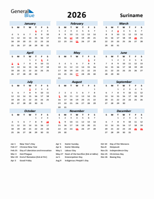 Suriname current year calendar 2026 with holidays