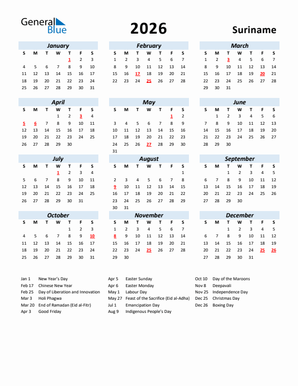 2026 Calendar for Suriname with Holidays