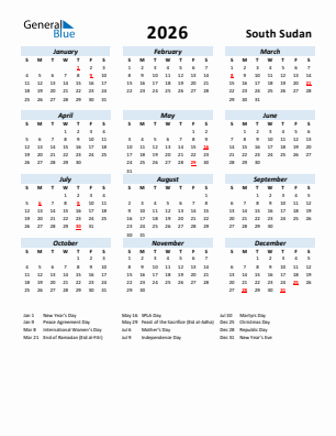 South Sudan current year calendar 2026 with holidays