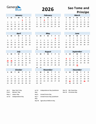 Sao Tome and Principe current year calendar 2026 with holidays