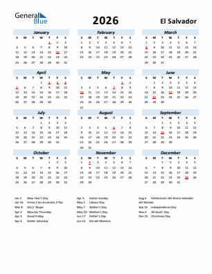 El Salvador current year calendar 2026 with holidays