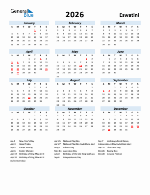 Eswatini current year calendar 2026 with holidays