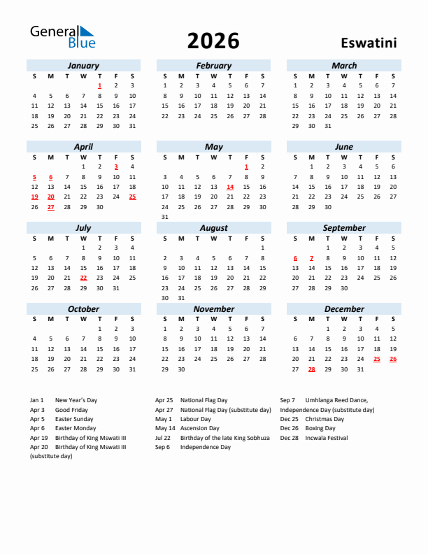 2026 Calendar for Eswatini with Holidays