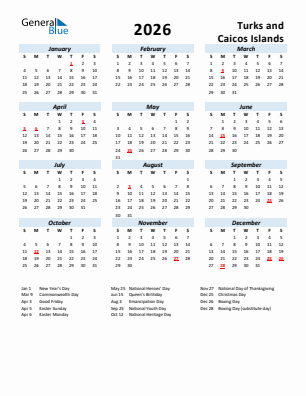 Turks and Caicos Islands current year calendar 2026 with holidays