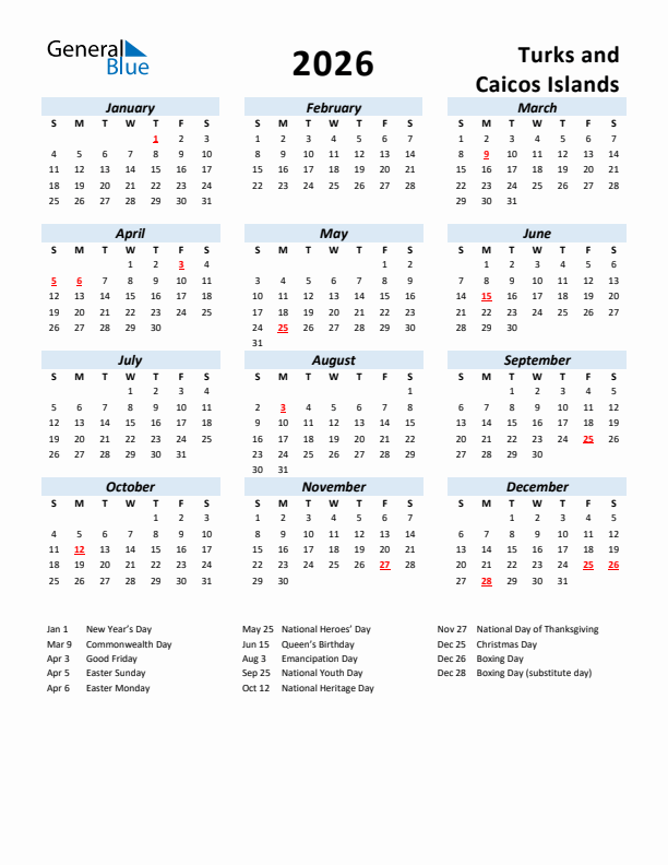2026 Calendar for Turks and Caicos Islands with Holidays