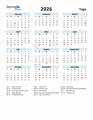 Togo current year calendar 2026 with holidays