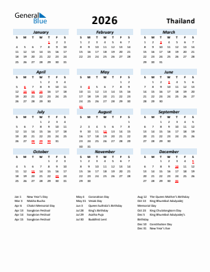 Thailand current year calendar 2026 with holidays