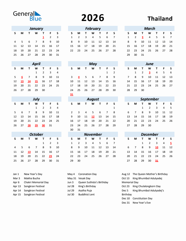 2026 Calendar for Thailand with Holidays