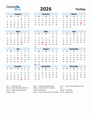 Turkey current year calendar 2026 with holidays
