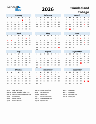 Trinidad and Tobago current year calendar 2026 with holidays