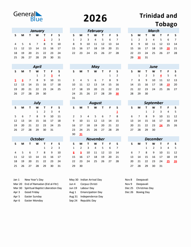 2026 Calendar for Trinidad and Tobago with Holidays