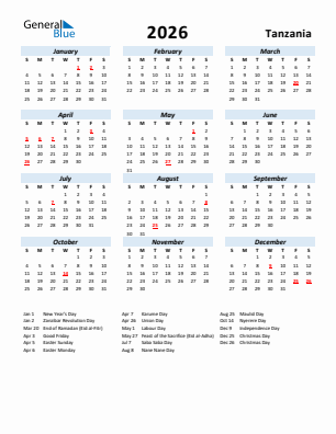 Tanzania current year calendar 2026 with holidays
