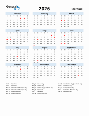 Ukraine current year calendar 2026 with holidays