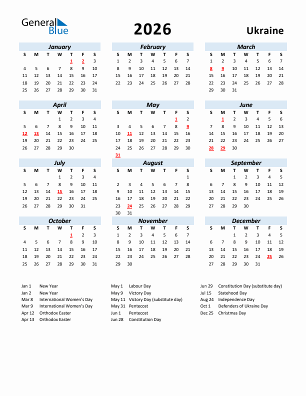 2026 Yearly Calendar For Ukraine With Holidays 2026 Yearly Calendar For Ukraine With Holidays