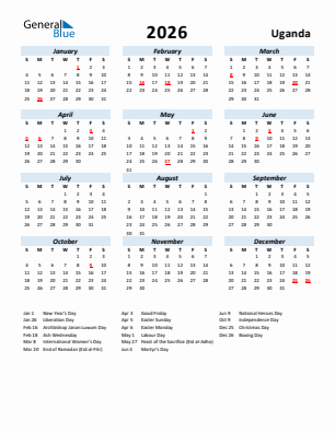Uganda current year calendar 2026 with holidays