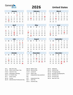 United States current year calendar 2026 with holidays