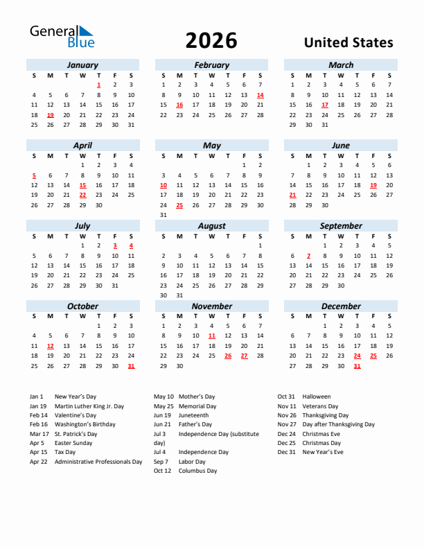 Free Printable 2026 United States Holiday Calendar Free Printable 2026 United States Holiday Calendar