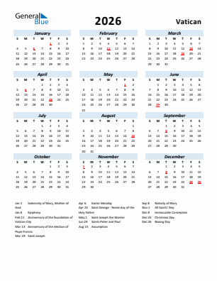 Vatican current year calendar 2026 with holidays