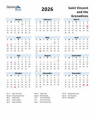 Saint Vincent and the Grenadines current year calendar 2026 with holidays