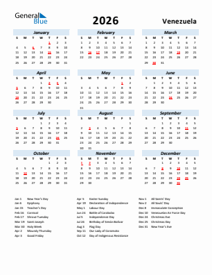 Venezuela current year calendar 2026 with holidays