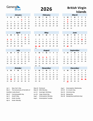 British Virgin Islands current year calendar 2026 with holidays