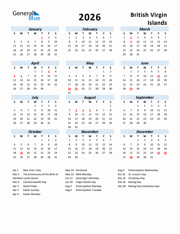 2026 Calendar for British Virgin Islands with Holidays