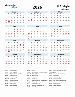 U.S. Virgin Islands current year calendar 2026 with holidays