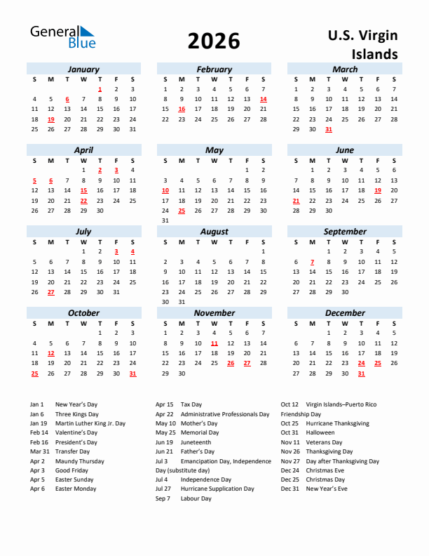 2026 Calendar for U.S. Virgin Islands with Holidays