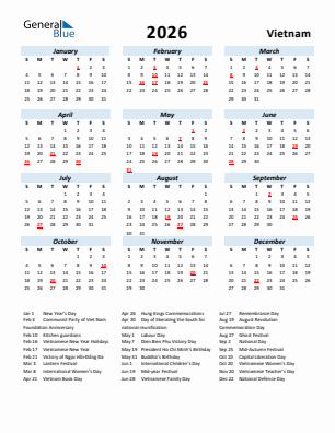 Vietnam current year calendar 2026 with holidays