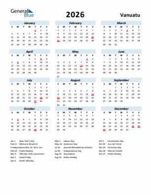 Vanuatu current year calendar 2026 with holidays