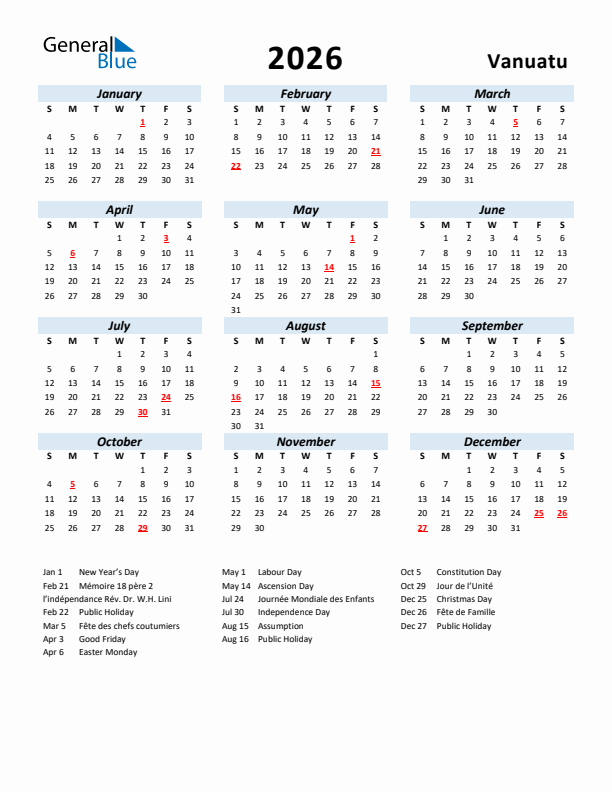 2026 Calendar for Vanuatu with Holidays