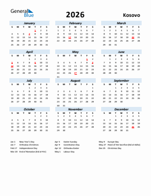 Kosovo current year calendar 2026 with holidays