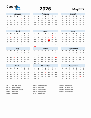 Mayotte current year calendar 2026 with holidays