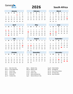South Africa current year calendar 2026 with holidays